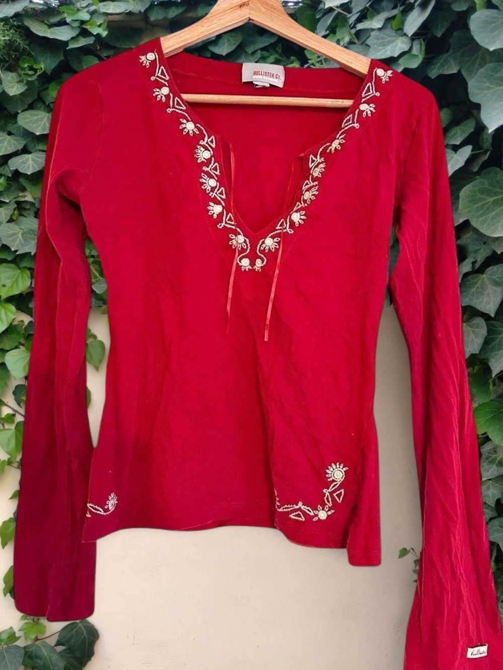 Vintage Hollister Deep Red Embroidered V-Neck Long Sleeve Top